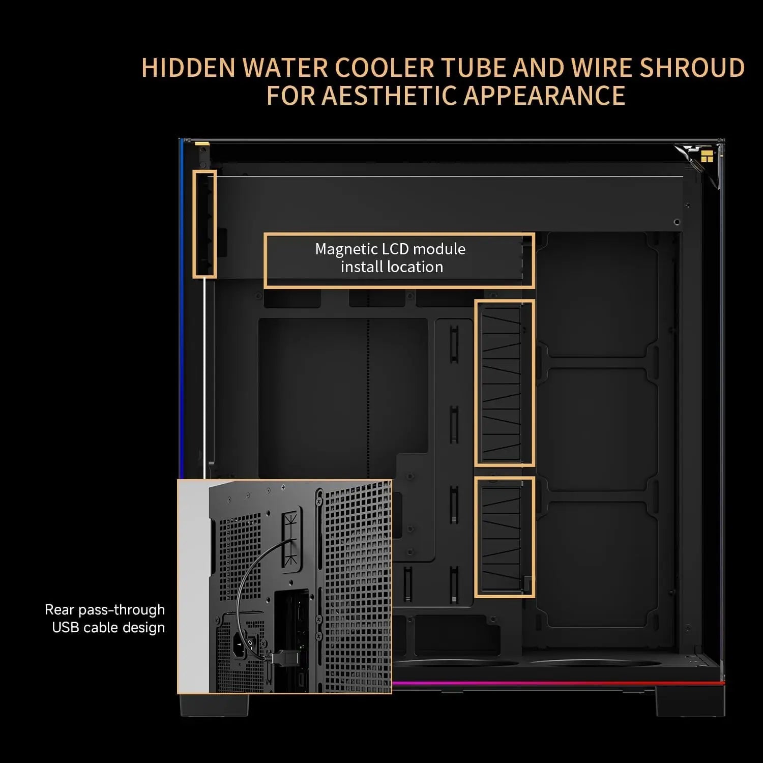 ATX Gaming Case with Panoramic Glass Panel, 8 Fan Slots, Type-C Interface, and 9.16-inch LCD Display Aurexia off