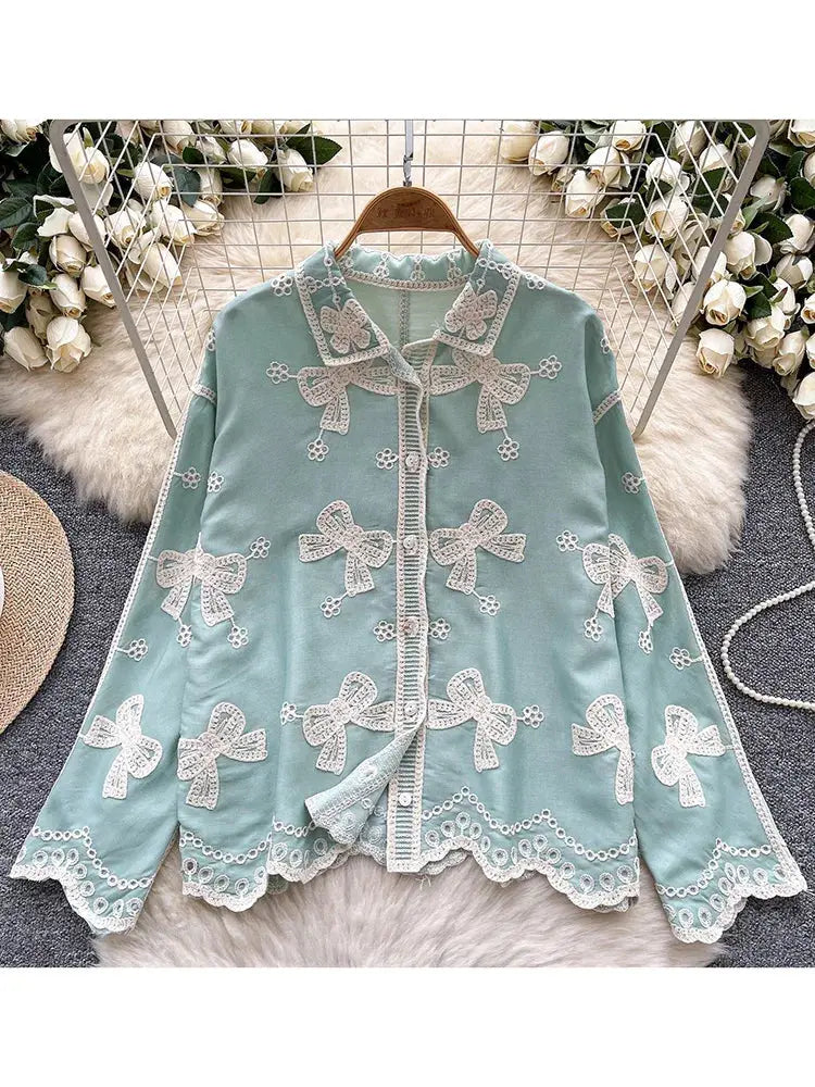 Women Spring Shirt Small Niche Retro Embroidered Single Breasted Casual Top Loose Fashionable Long Sleeved Shirt BL121 Aurexia off