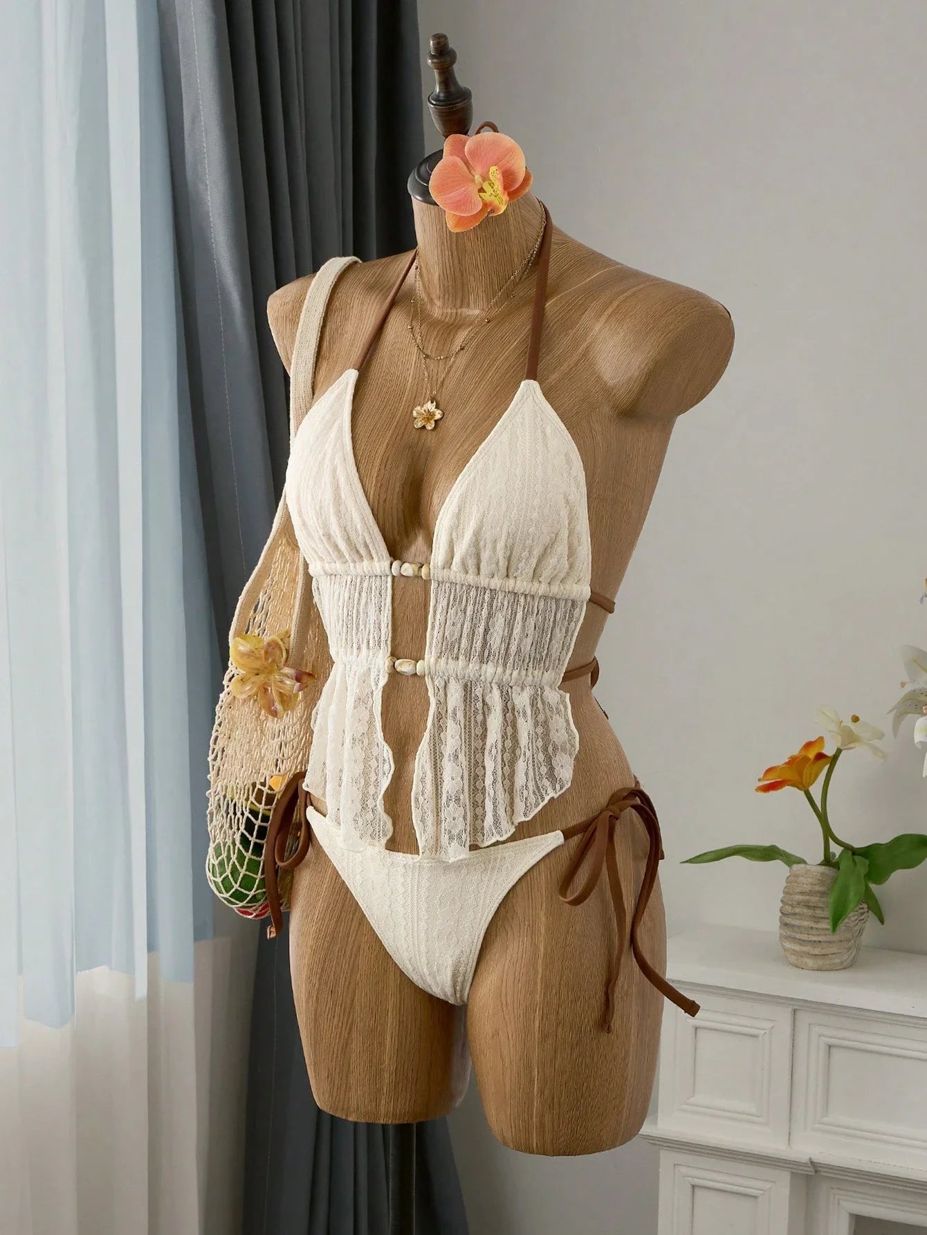 Cream Lace Halter Neck Tankini Set With Beaded Detail And Tie Side Bottoms Aurexia off