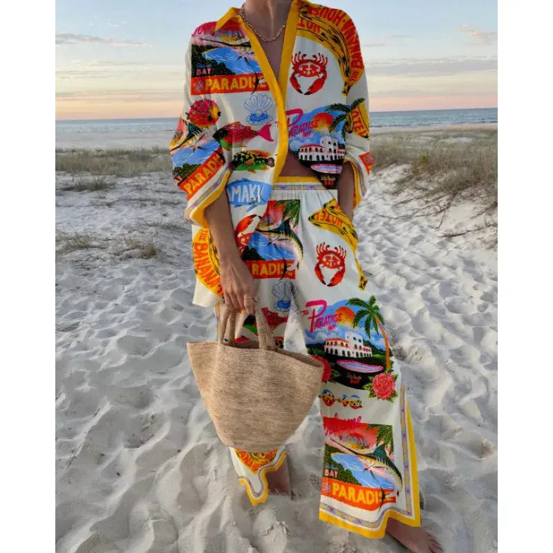 Funny Printed Loose Two Piece Set Women Tropical Beach Holiday Outfits 2024 Casual Lapel Button Shirt Wide Leg Pants Sets Aurexia off