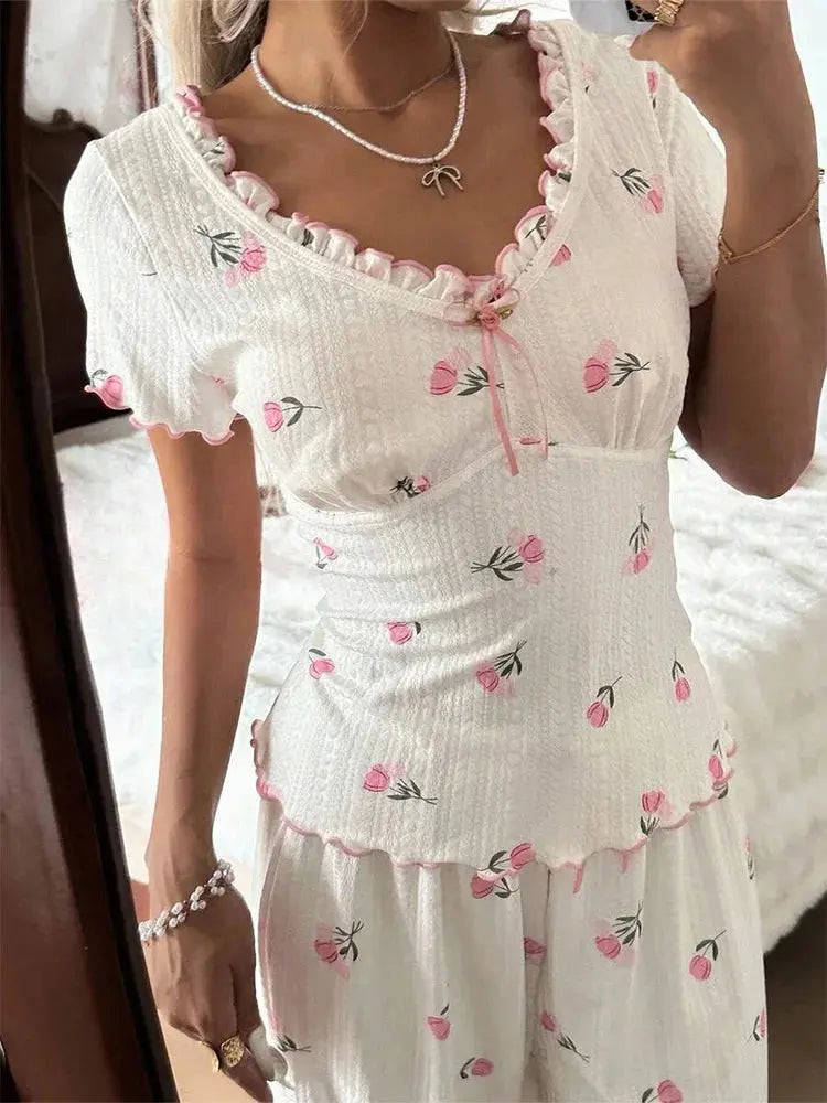 Summer Y2K Sweet Tulip Print Ruffle V Neck Tie Pajama Set Women Short Sleeve Top & Wide Leg Pants Casual Loungewear Sleepwear Aurexia off