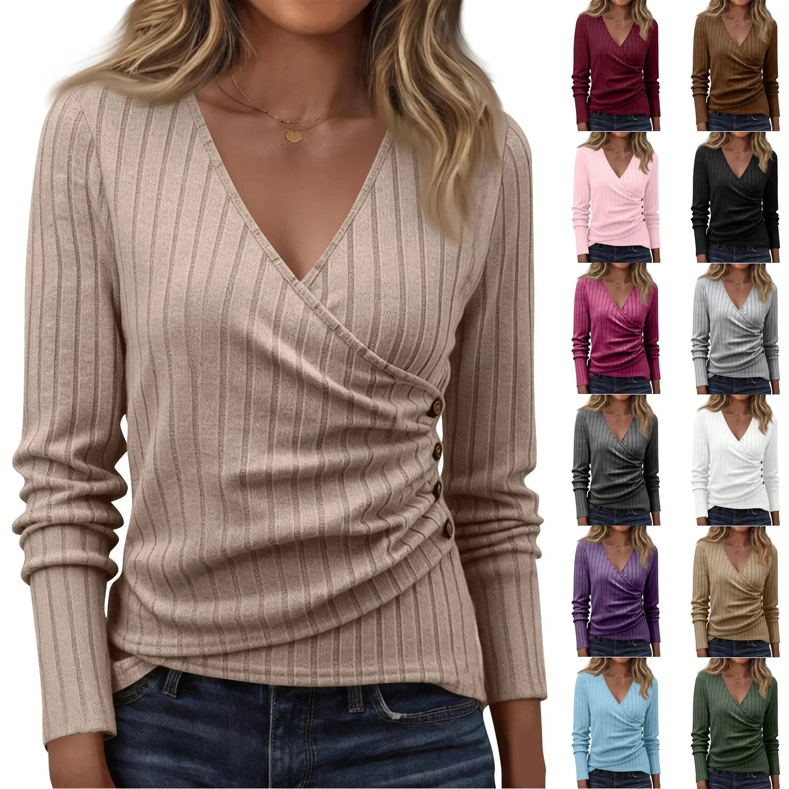 Women Daily Comfortable Pullover Casual Long Sleeve V Neck Solid Color Top Female Spring Outdoor Daily Fashion Cozy Clothes Aurexia off