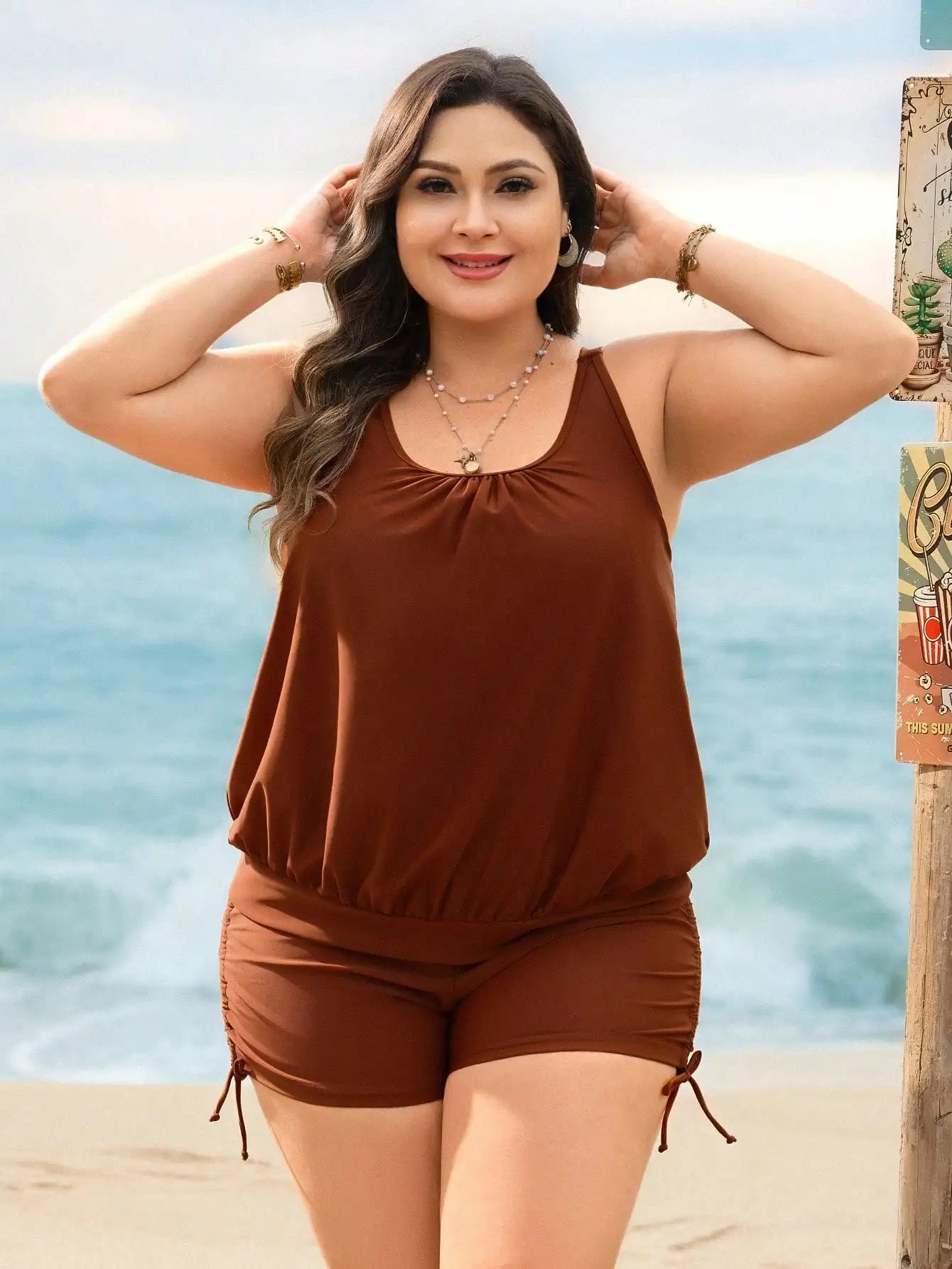 Plus Size Summer Beach Solid Sleeveless Ruched Tankini Set Aurexia off