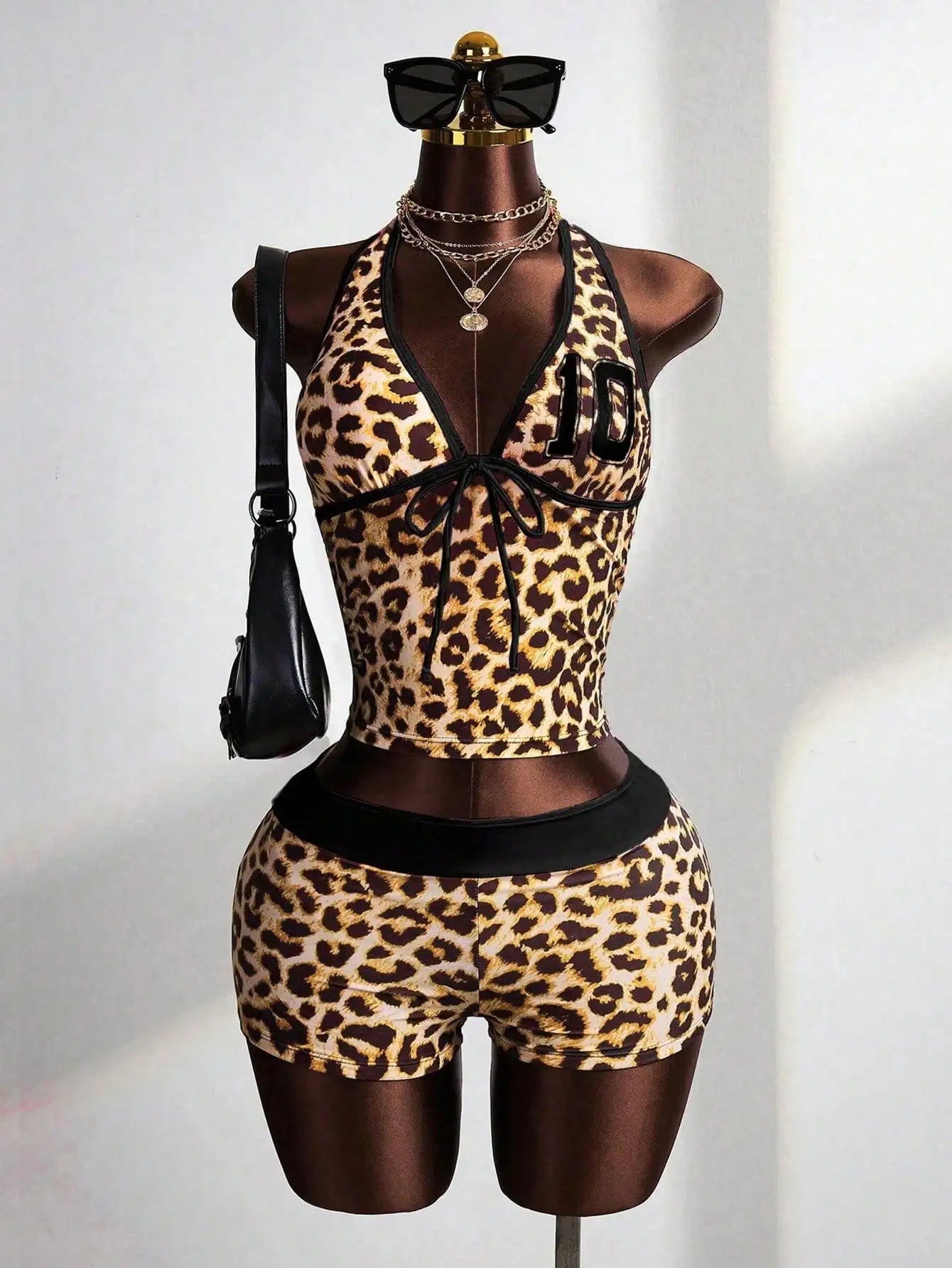 Leopard Print Halter Tankini Set With Pink Trim Cheeky Shorts Festival Beach Swimwear Aurexia off