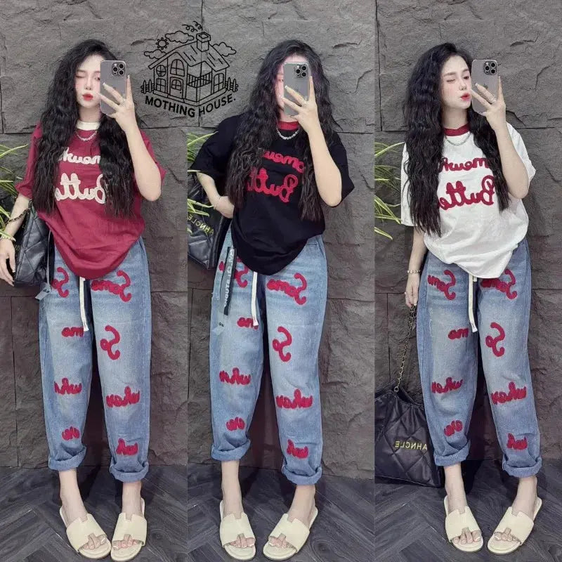 Retro Fashion Suit Women's Summer New Letter Printing Short-sleeved Milk Silk Wide-leg Pants Two-piece Set Aurexia off