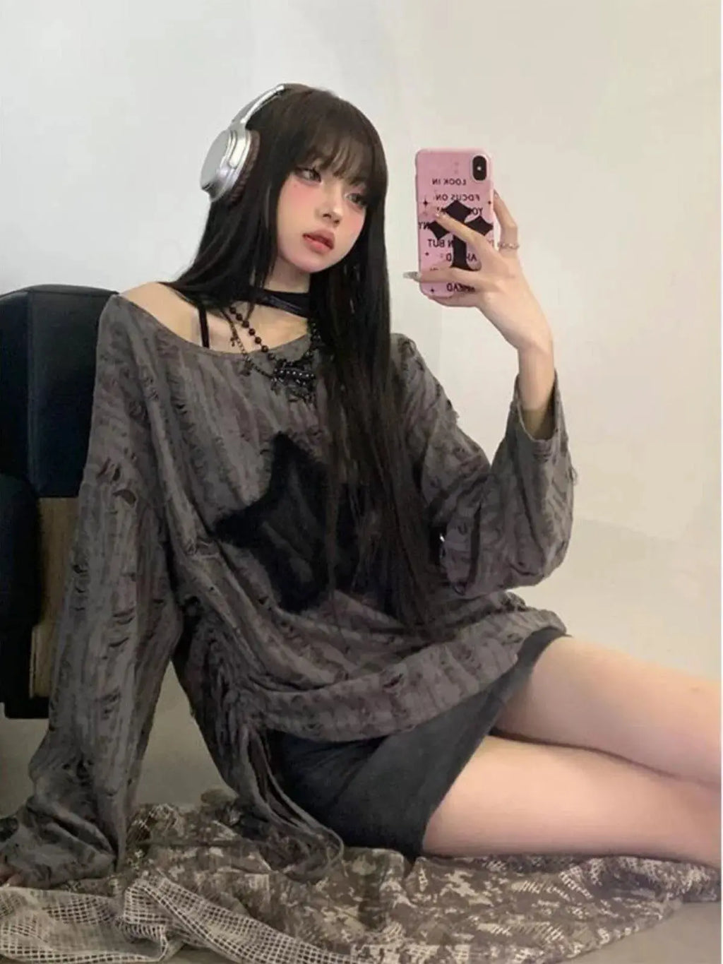 Fashion Streetwear Kpop Pullover Tops Hole Star Loose Y2K T-Shirt for Women O-Neck Drawstring Long Sleeve Top Aurexia off