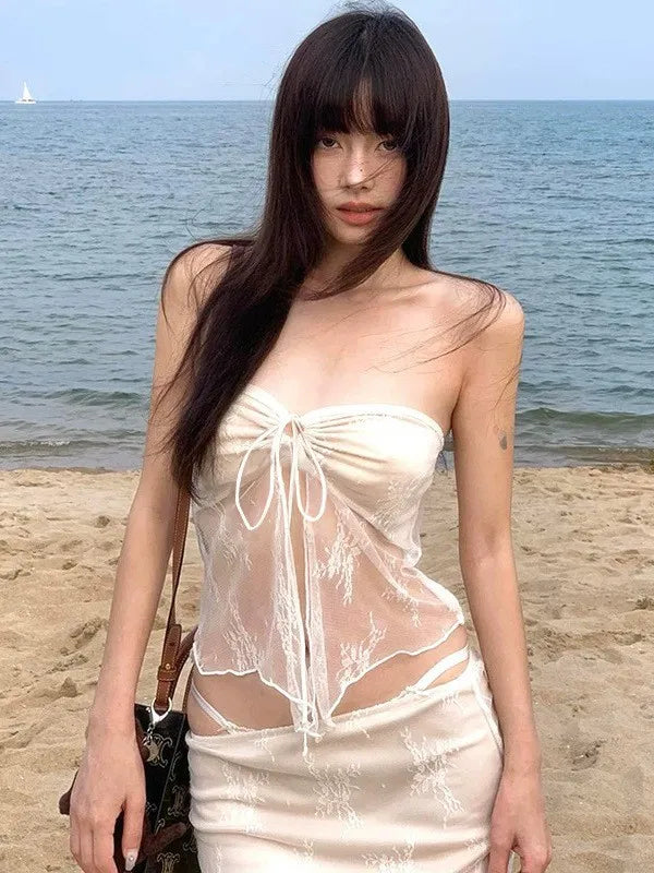 Summer Women's Clothing Sexy Lace Strapless Tankini Swimsuit Set For Woman Three Piece Bikini Sets Bathing Suit Milk Silk Aurexia off