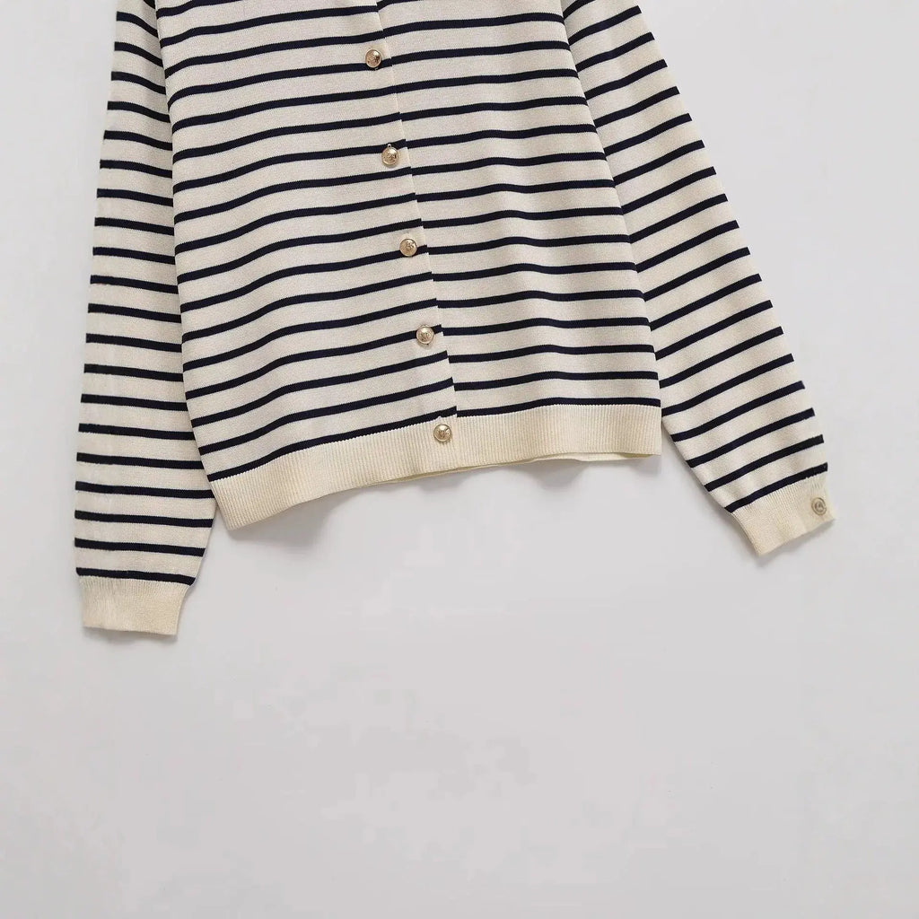 Withered 2026 Fashion New Product Striped Knitted Cardigan Versatile Round Neck Buckle Long Sleeve Coat Aurexia off