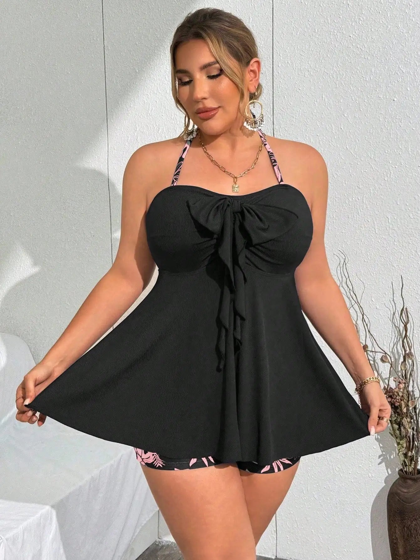 Plus Size Women 2 Piece Leaf Print Halter Neck Bikini Set With Bow For Beach Pool Vacation Aurexia off