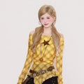 Y2K Plaid Slash Neck Vintage T-Shirt for Women, Grunge Ruffled Bodycon Top, Sexy Fairy Aesthetic Aurexia off