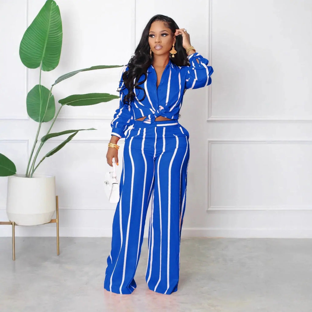 Women Outfit Two Piece Set Elegant Blouse Striped Print Long Sleeve Loose Fit Casual Summer Wear Female Clothing Sets Style Aurexia off