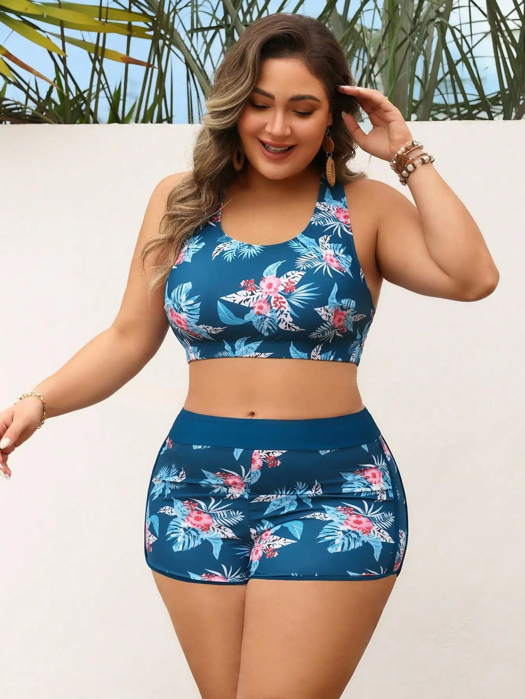 Floral Print Plus Size 3-Piece Swim Set: Racerback Bra Top, High-Waisted Shorts, Sleeveless Cover-Up For Beach And Pool Aurexia off