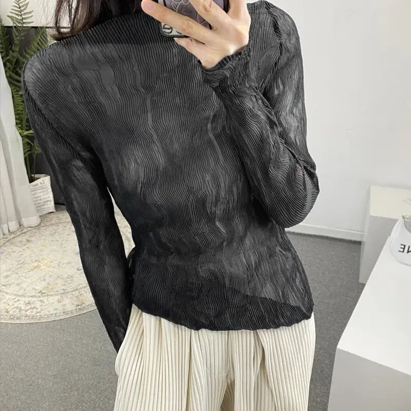 Black Pullover Blouse Slim Fit Turtleneck Long Sleeve Blouse Ruffle Pleated Fabric Fitted Blouse Half Turtleneck Sheer Blouse Aurexia off