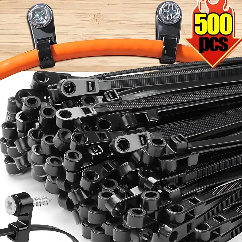 500/100PCS Screw Hole Cable Ties Reusable Fixed Nylon Cable Ties Self-locking Cord Ties Straps Fastening Loop Office Organizer Aurexia off