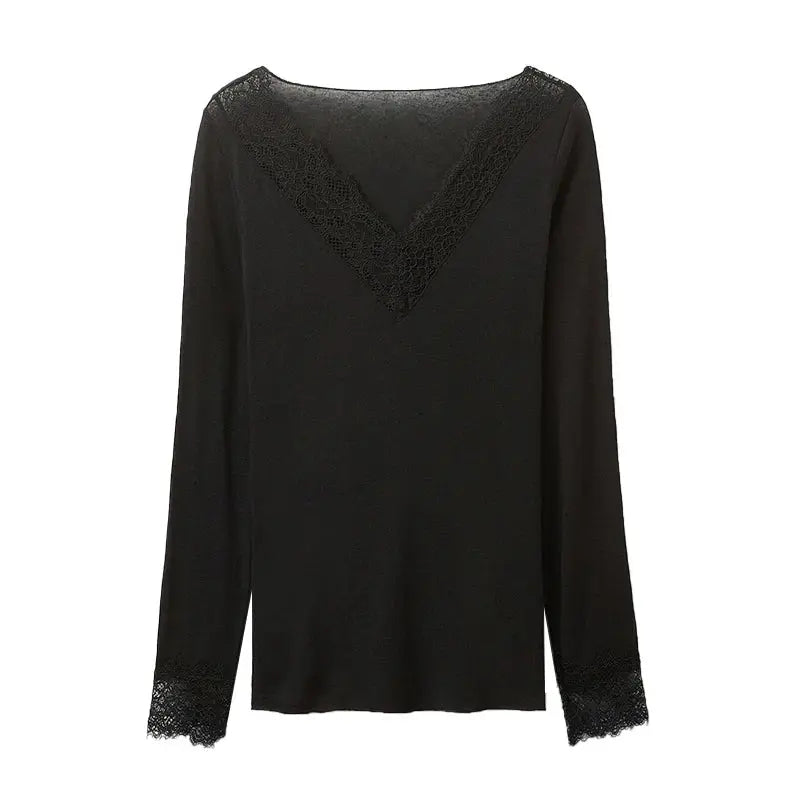 2026 Spring/Autumn Lady Fashion Inner Wear Casual V Neck Lace Trim Top Women's Solid Full Sleeve Underwear Shirt for Layering Aurexia off