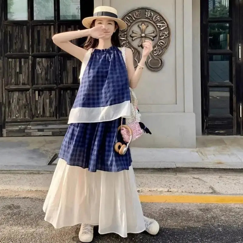 Women's Blue Plaid Two Piece Set Sleeveless Halter Top with Tulle Skirt Casual Loose Summer Outfit Beach Vacation Bohemian Suit Aurexia off