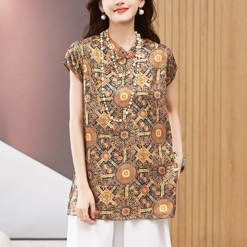 Women's Blouse Short Sleeve Round Neck Top Mandarin Collar Tunic Geometric Print Loose Fit Mid Length Gold Brown Shirt Aurexia off