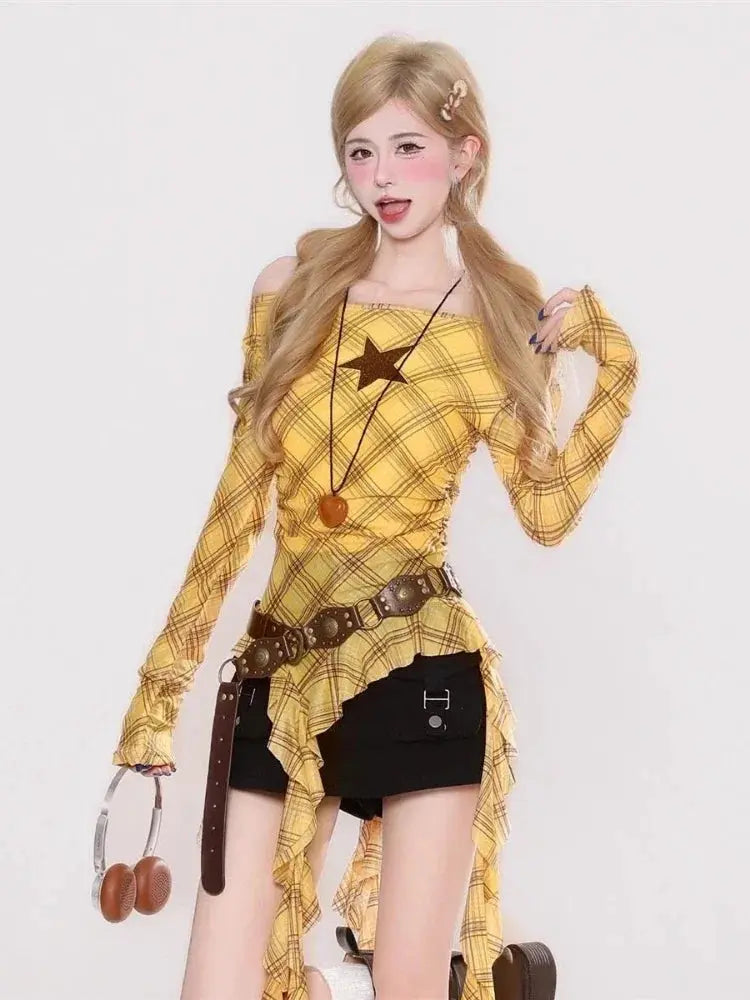 Y2K Plaid Slash Neck Vintage T-Shirt for Women, Grunge Ruffled Bodycon Top, Sexy Fairy Aesthetic Aurexia off