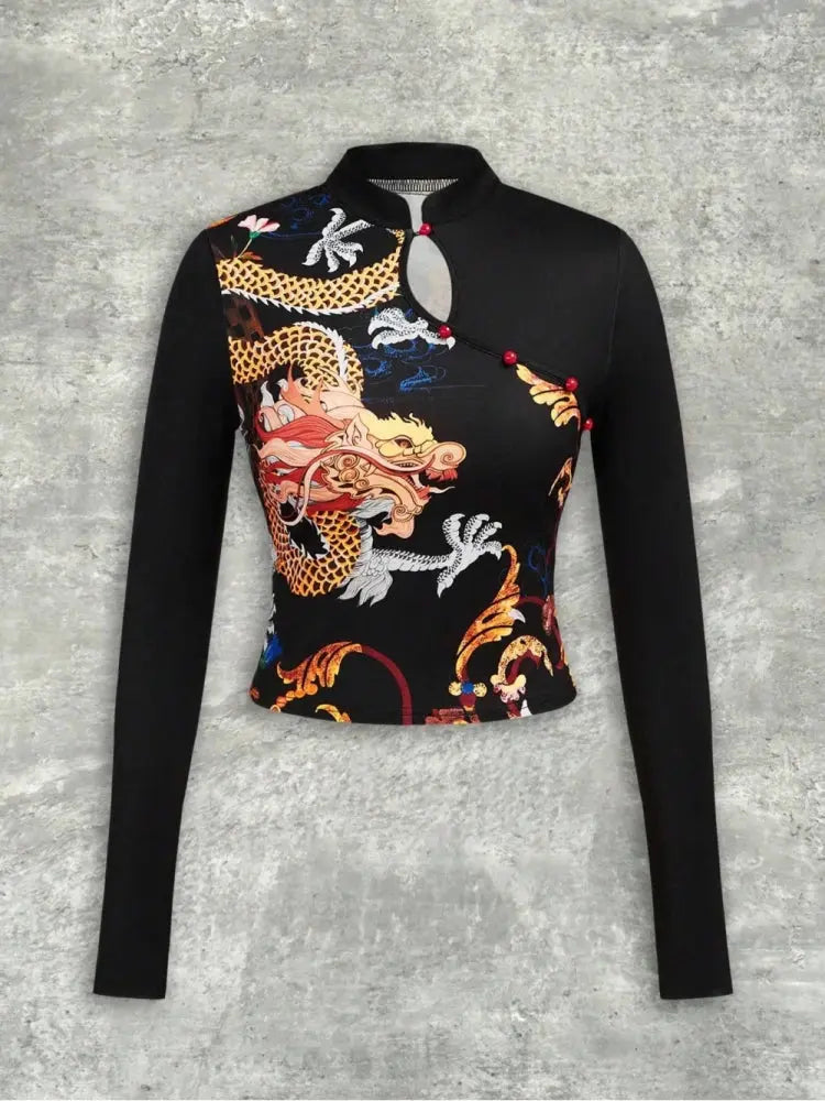 2026 New Chinese Y2K Dragon Pattern Printed Cheongsam Collar Long Sleeve Top Fashionable Street Trend Personalized Spicy Girl Aurexia off