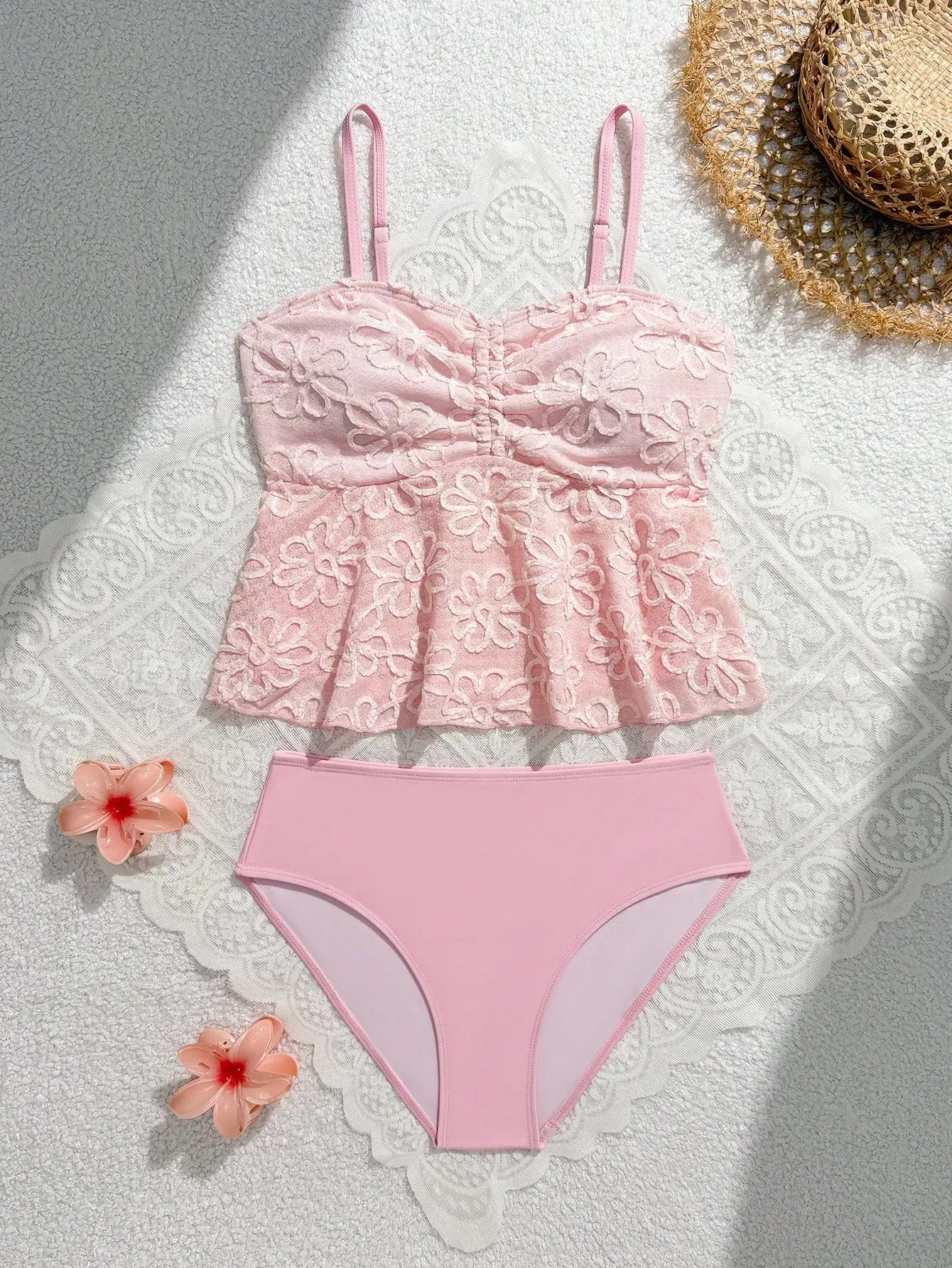 Blue Floral Tankini Set With Halter Neck And Ruffle Hem For Women Aurexia off
