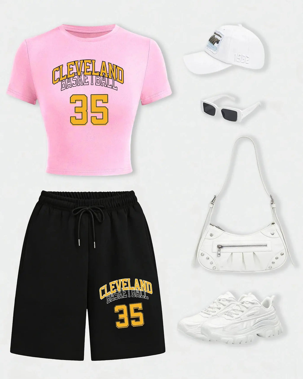 Cleveland Basketball 35 Women Crop T Shirts Set Casual Cotton T-Shirt Drawstring Summer Pocket Pant Wide-Leg Short Pants Aurexia off