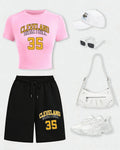 Cleveland Basketball 35 Women Crop T Shirts Set Casual Cotton T-Shirt Drawstring Summer Pocket Pant Wide-Leg Short Pants Aurexia off
