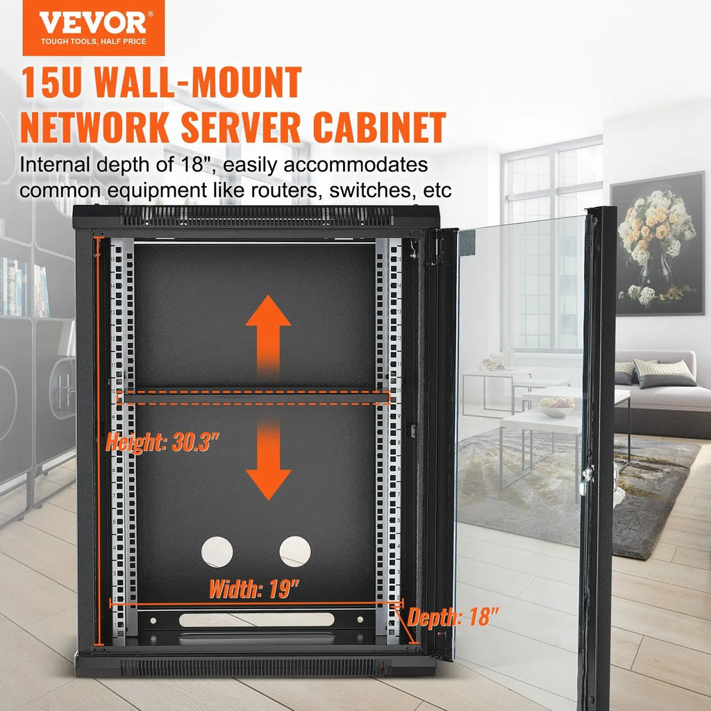 15U Wall Mount Network Server Rack Cabinet Enclosure 18Glass Door Lock Aurexia off