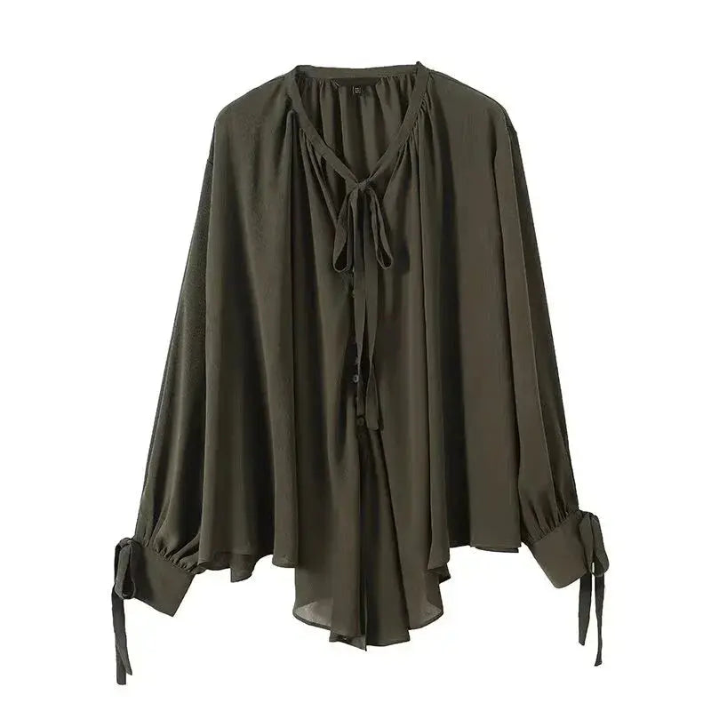 2025 French Style Women's Shirts Dark Green Loose Long Sleeve Top with Bow Tie Autumn Tops Aurexia off