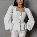 Ladies Elegant Jacquard Square Neck Puff Sleeve Blouse, Button Front Peplum Top for Party, Office and Daily Wear Aurexia off