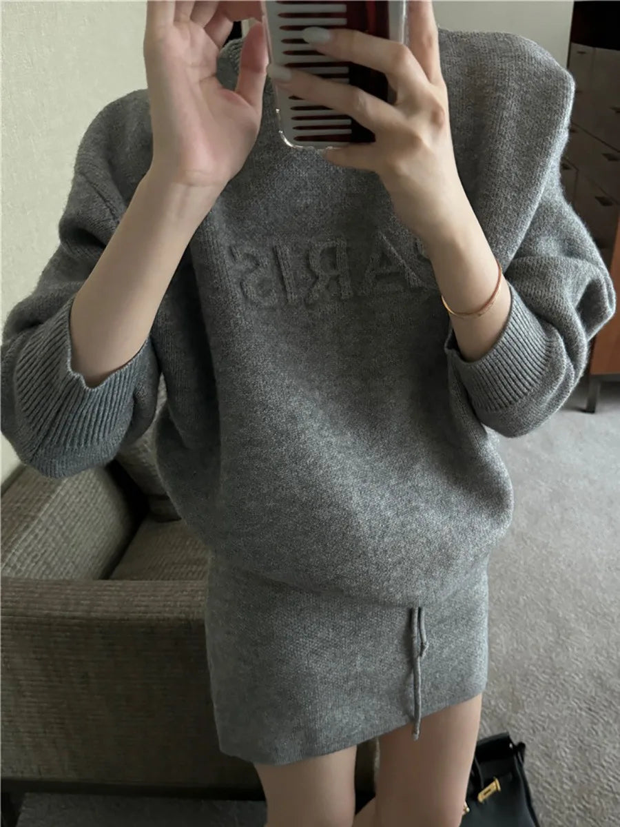 Casual Two-Piece Set Letter Embossed Pullover Outfit Long Sleeve Knit Skirt Set Mini Bodycon Wool Co-Ord For Women Cozy Warm Aurexia off