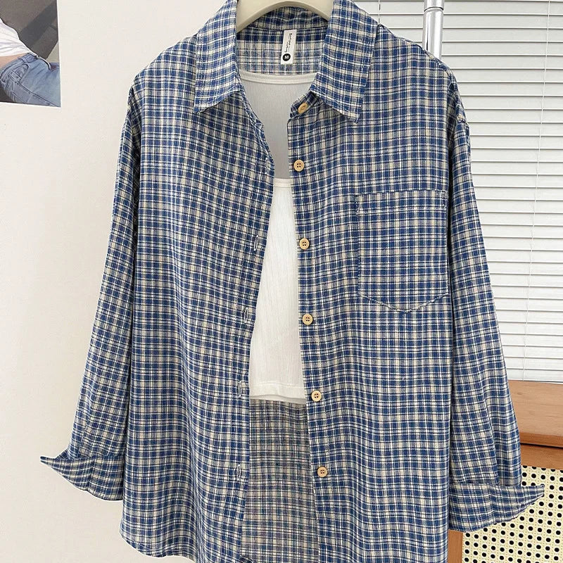 Korean-style Vintage Plaid Shirt New Spring And Autumn Casual Versatile Top Loose And Slimming Versatile College-style Shirt Aurexia off