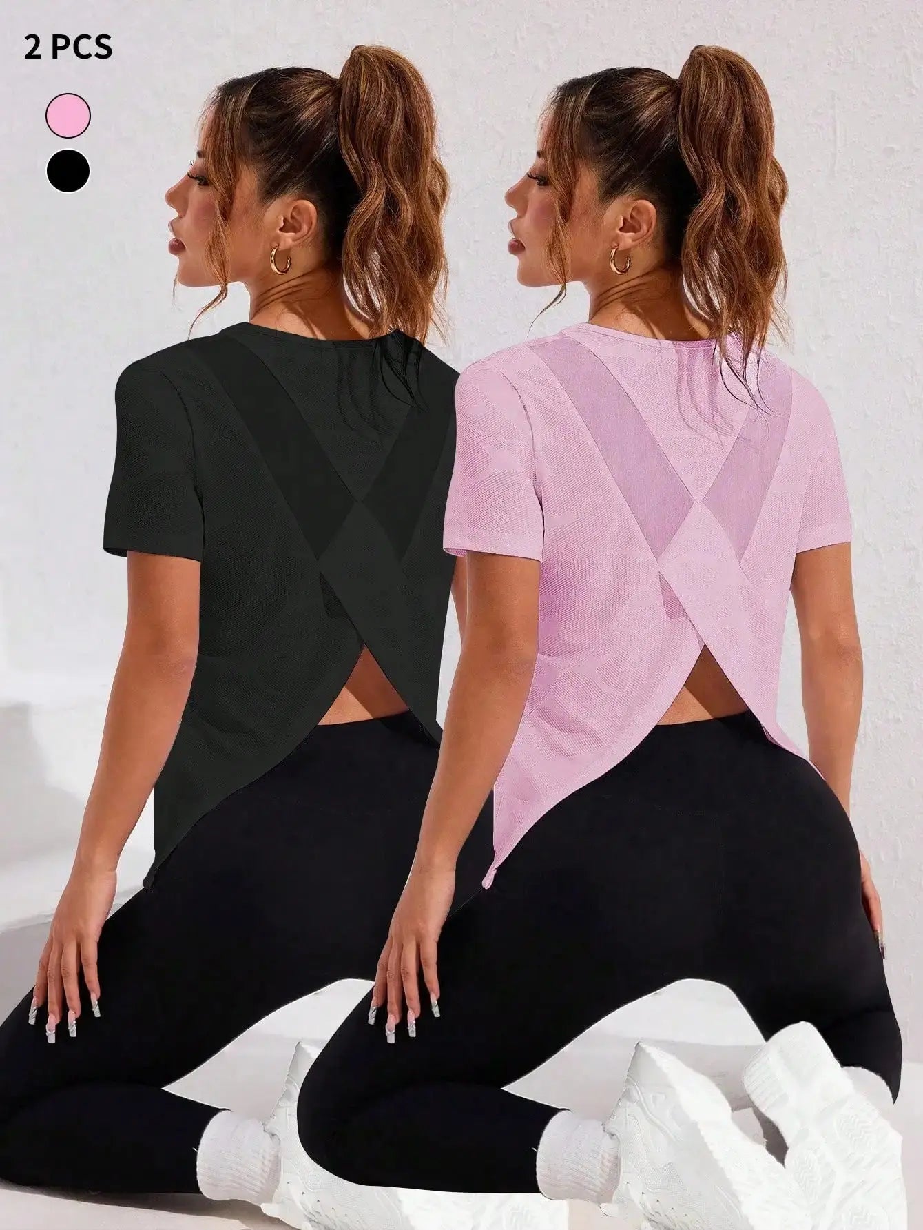 2pcs Women Sport Top With Jacquard Mesh Crossover Back Design Aurexia off