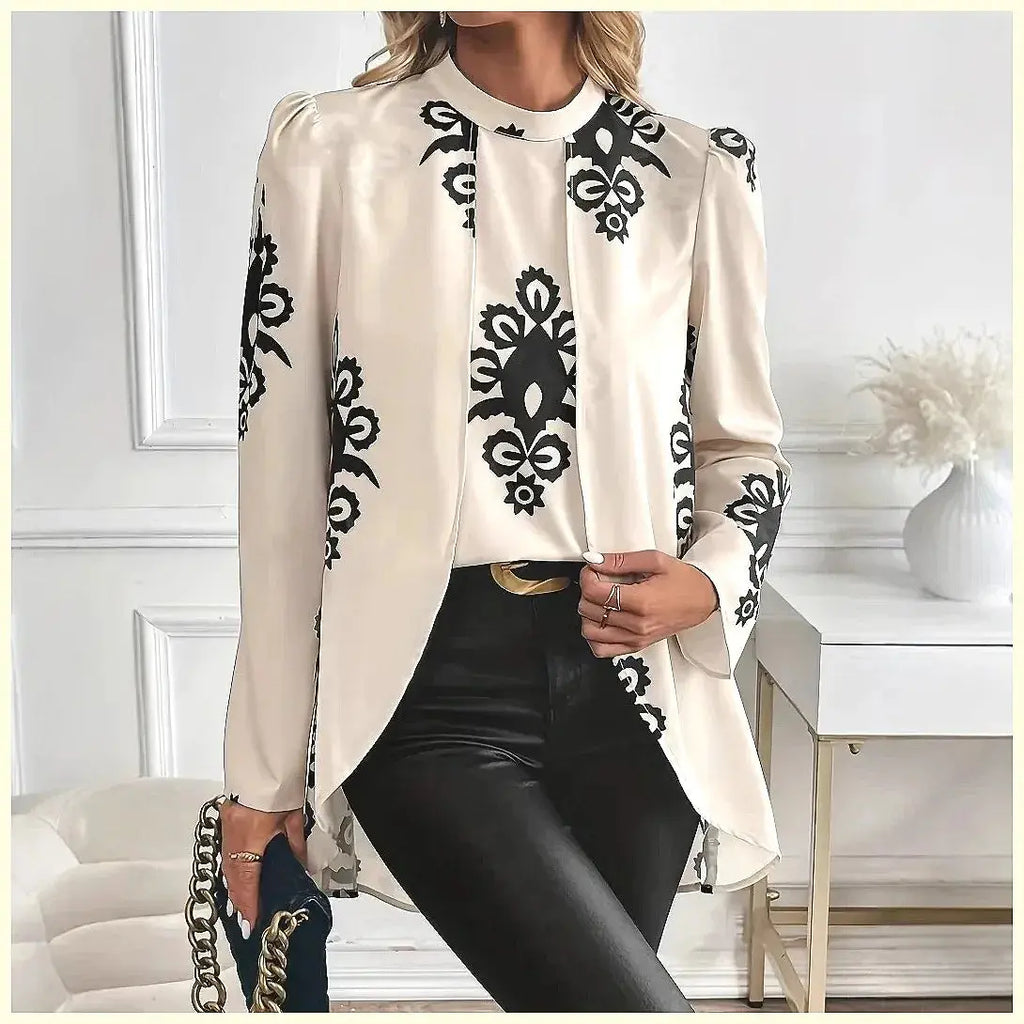 2026 Fashion Women's Long Sleeve Print Blouse, Elegant Office Top with Fake Two-Piece Design Aurexia off
