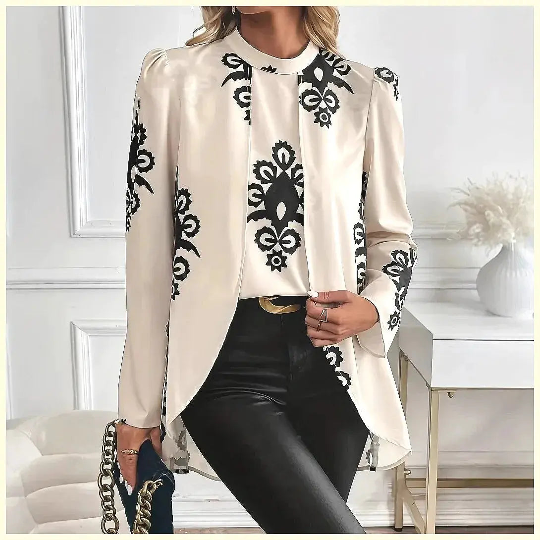 2026 Fashion Women's Long Sleeve Print Blouse, Elegant Office Top with Fake Two-Piece Design Aurexia off