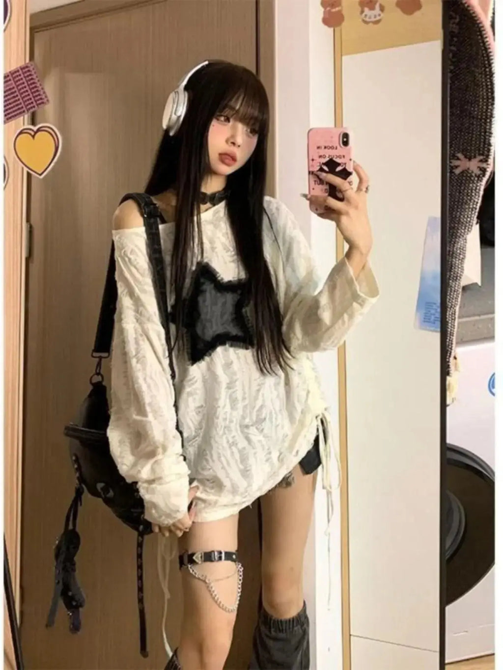 Fashion Streetwear Kpop Pullover Tops Hole Star Loose Y2K T-Shirt for Women O-Neck Drawstring Long Sleeve Top Aurexia off