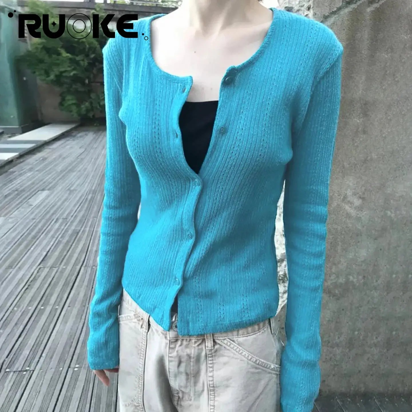 [RUOKE] Casual Streetwear Long Sleeve Top Spring Summer Knit Button Up Thin Coat Korean Style Outerwear Daily Cardigan Commuter Aurexia off