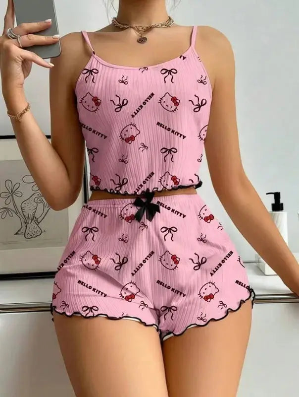Sanrio Hello Kitty Bowknot Suspender Top Shorts Casual 2pcs Pajama Set Fashionable Thin Shoulder Strap Sexy Sleepwear Soft Pj Aurexia off