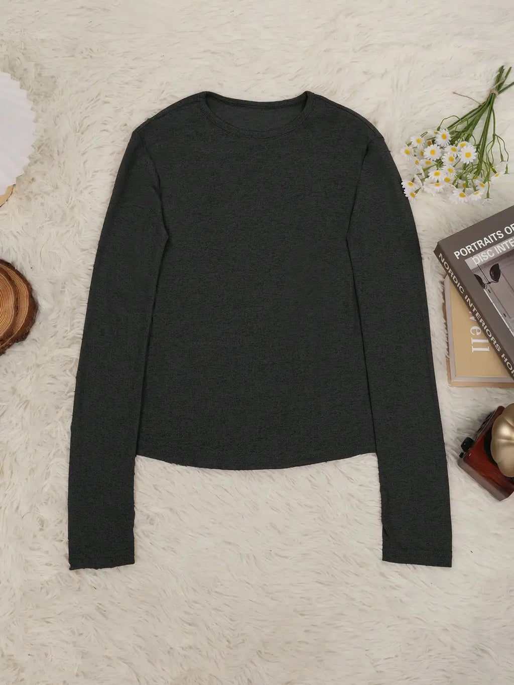 Sheer Long Sleeve Crew Neck Fitted Top Casual Black Spring Aurexia off