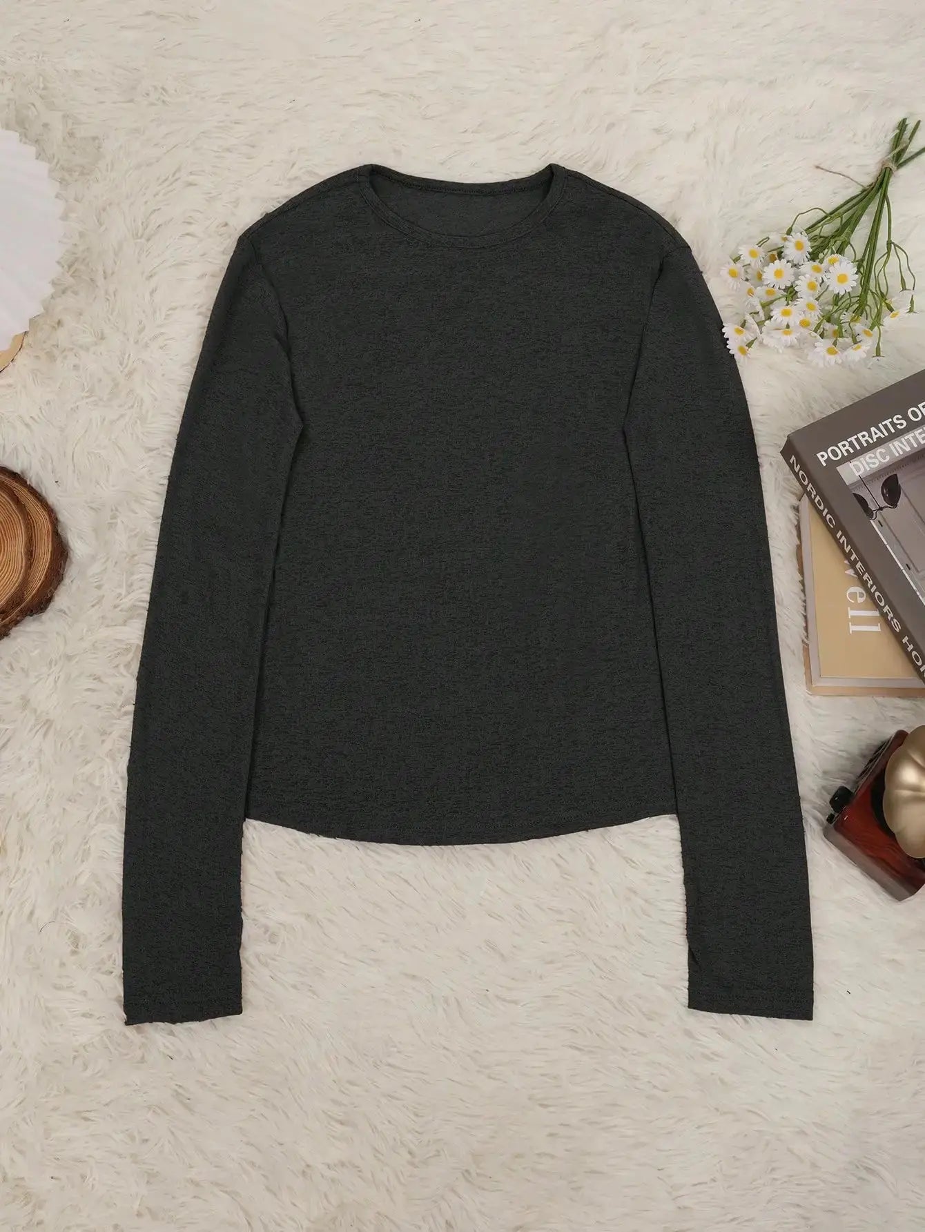Sheer Long Sleeve Crew Neck Fitted Top Casual Black Spring Aurexia off