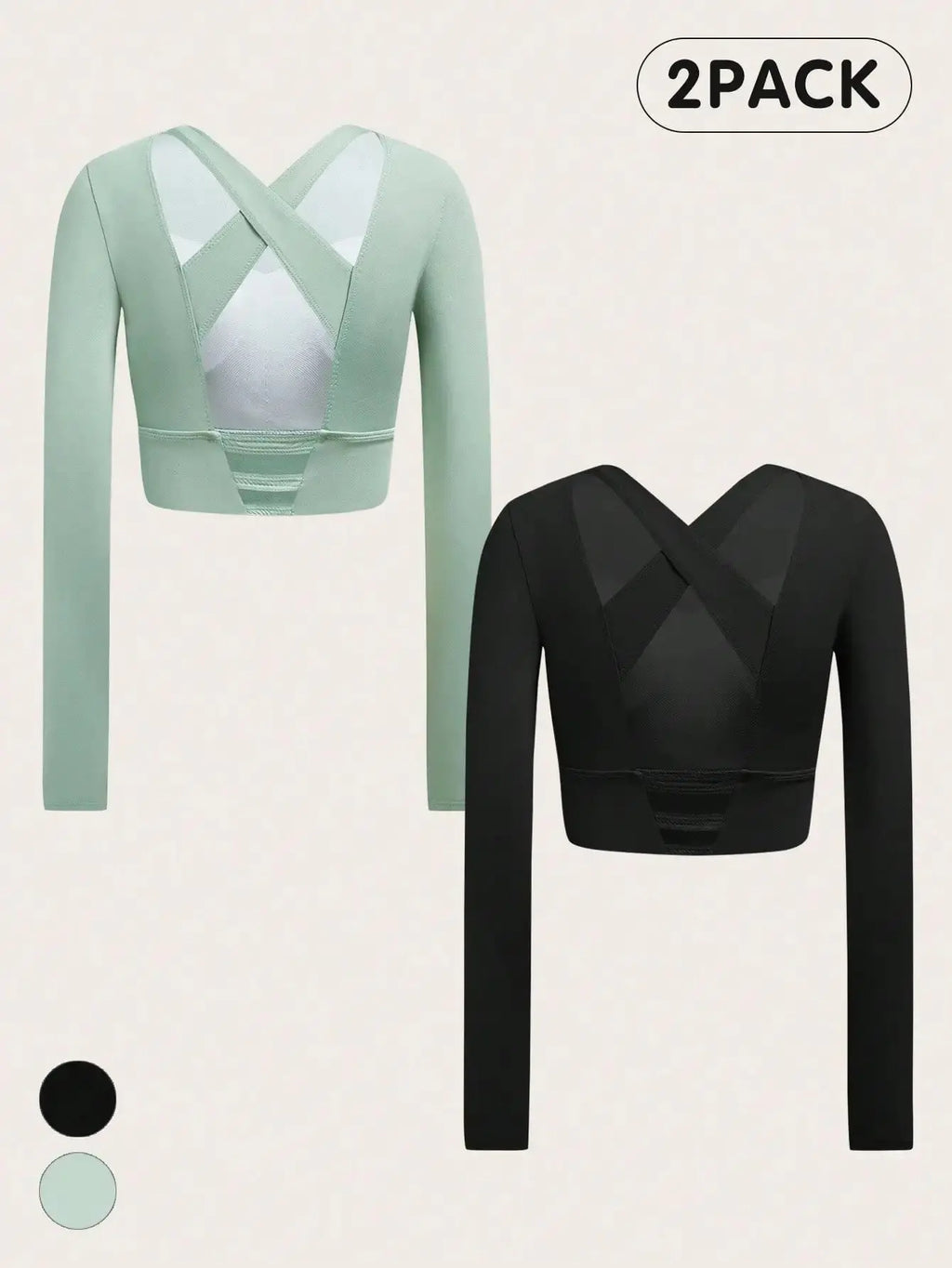 Women Solid Color Crisscross Backless Long Sleeve Cropped Sports Top 2 Pack Aurexia off