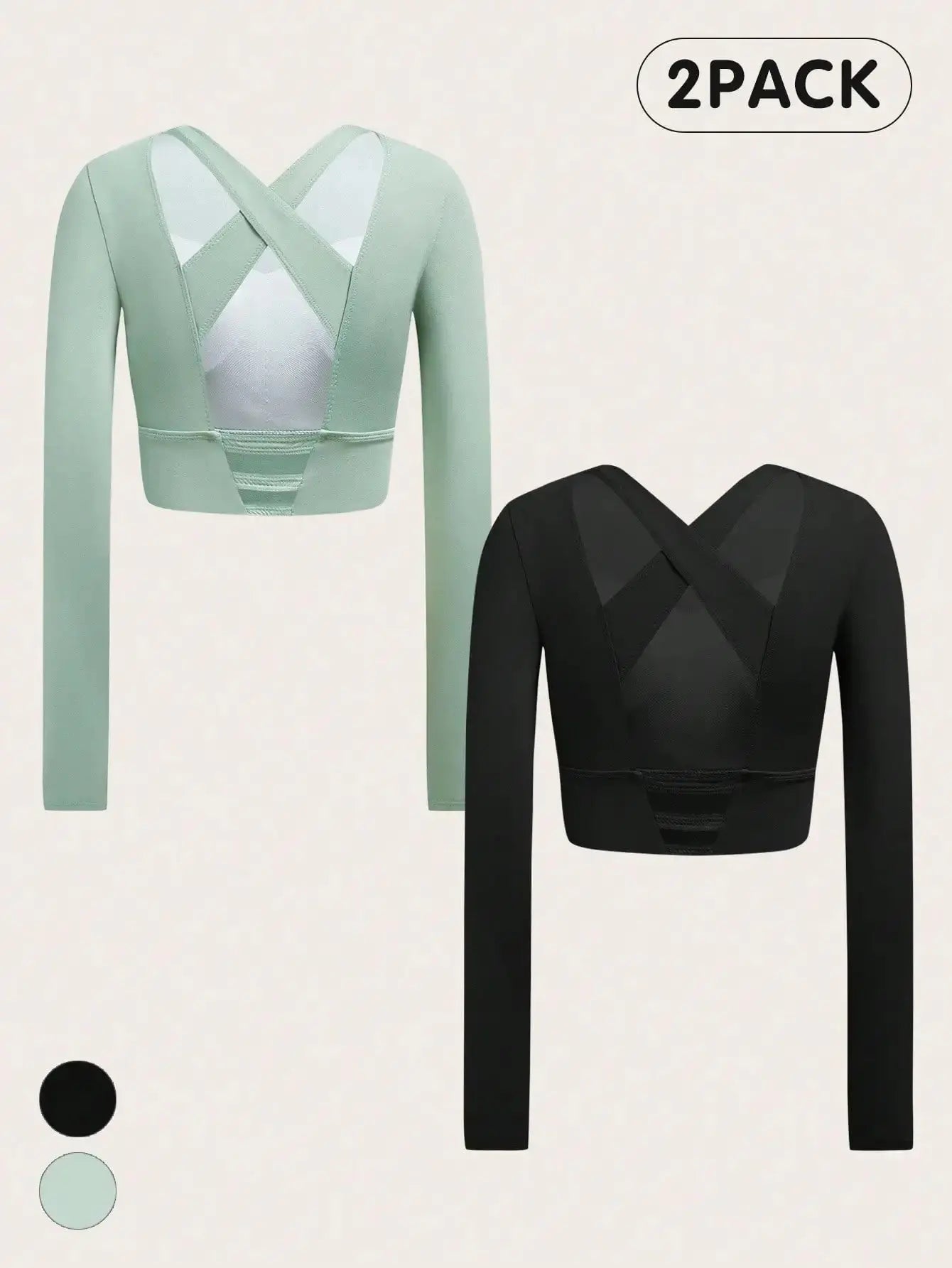 Women Solid Color Crisscross Backless Long Sleeve Cropped Sports Top 2 Pack Aurexia off