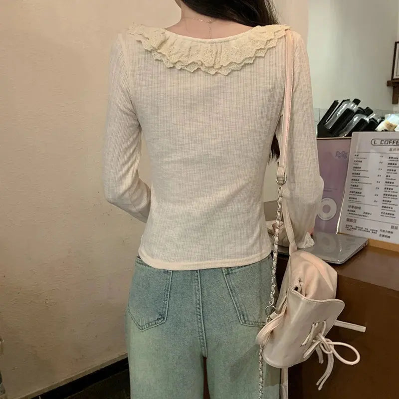 Women's 2026 Spring Autumn New Sweet Cute Lace Thin Short Slim Fit Crew Neck Long Sleeve T Shirt Base Top Aurexia off