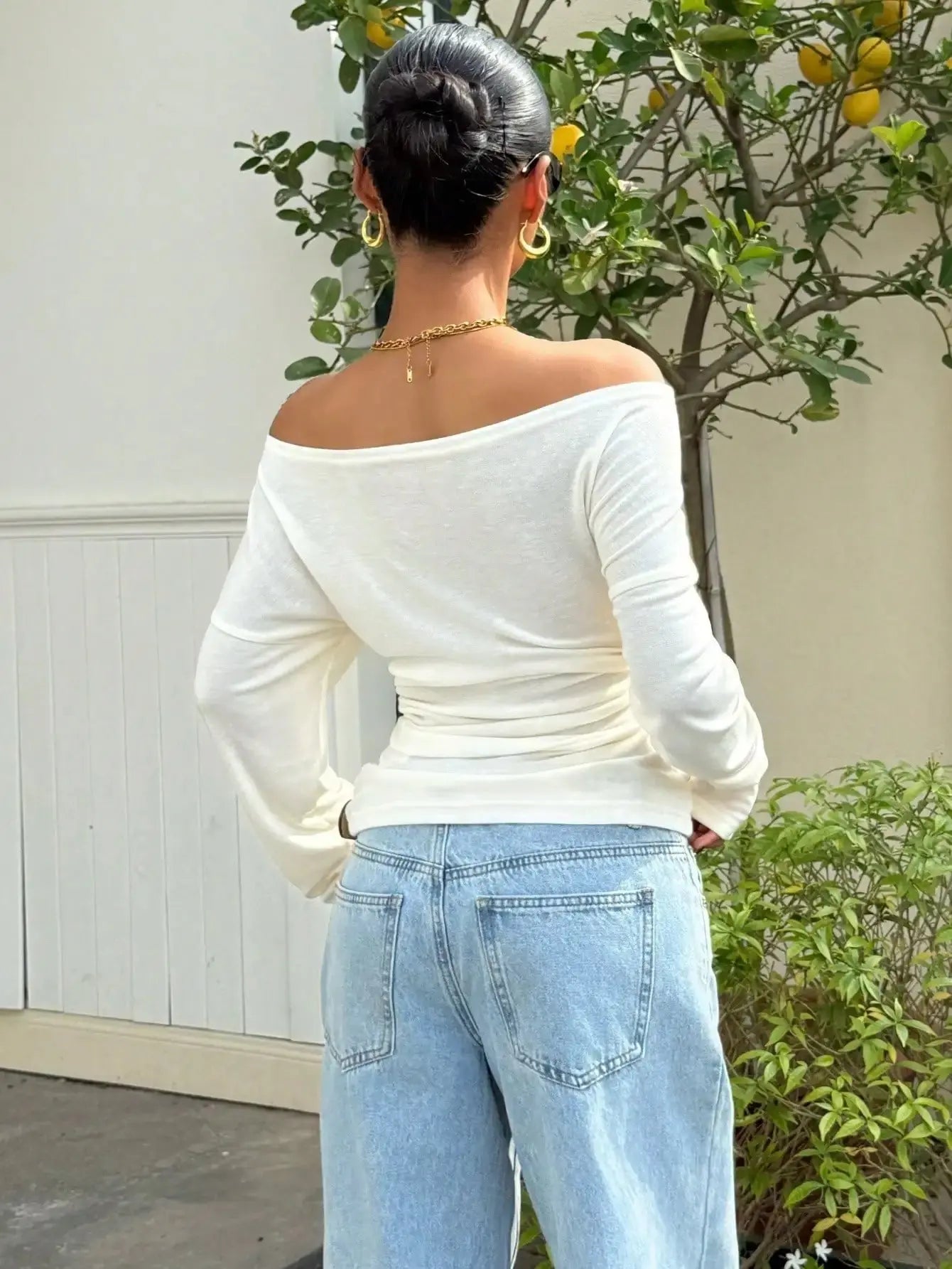 Women Off Shoulder Long Sleeve Knit Top Slim Fit Casual White T-Shirt Aurexia off