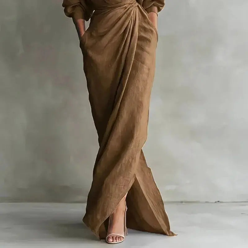 Women's Sexy V Neck Wrap Waist Long Dresses 2026 Spring Casual Solid Slim Bodycon Hips Dress Elegant Long Sleeve Slit Maxi Dress Aurexia off