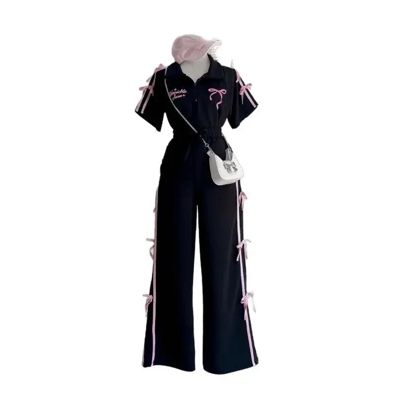 Sweet Suit Women's Summer New Bow-tie Printed POLO Shirt Short-sleeved Wide-leg Trousers Two-piece Set Aurexia off