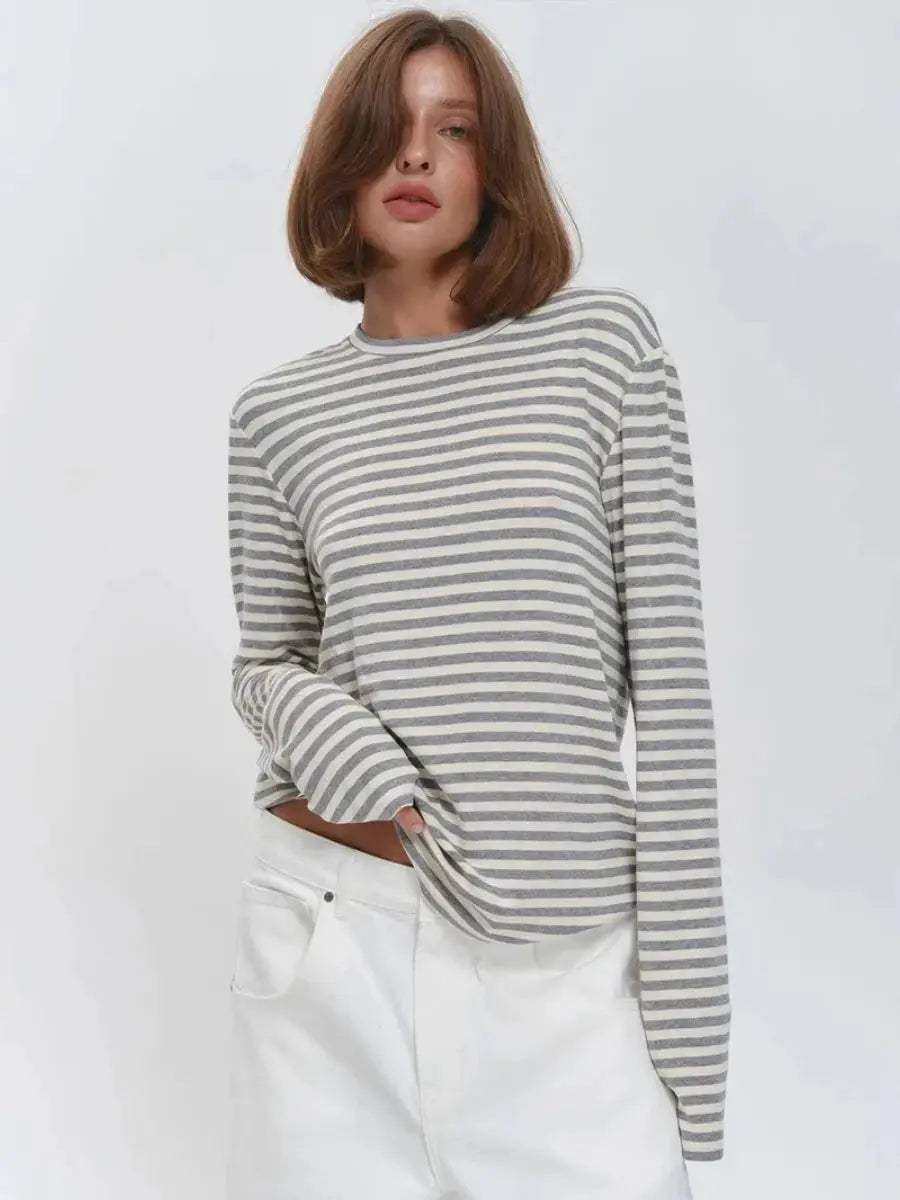 Bornladies Autumn New Fashion Women Cotton Striped Long Sleeve T Shirt Office Casual Simple Round Neck Pullover Tops & Tees Aurexia off