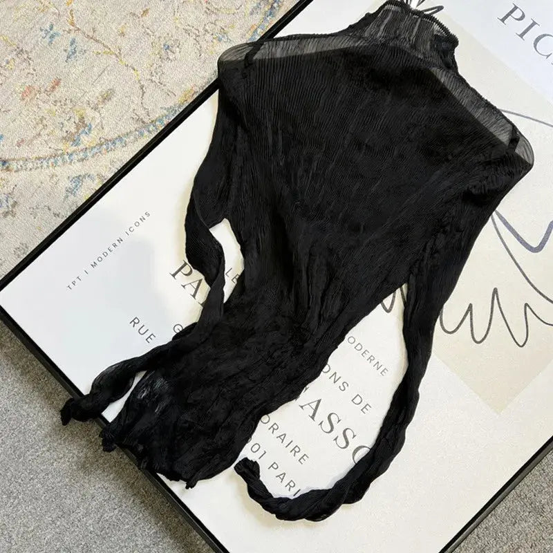 Black Pullover Blouse Slim Fit Turtleneck Long Sleeve Blouse Ruffle Pleated Fabric Fitted Blouse Half Turtleneck Sheer Blouse Aurexia off