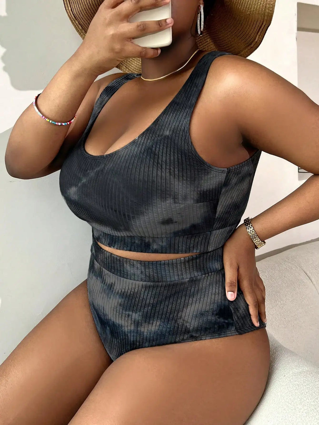 Plus Size Tie Dye Ribbed Tankini Set Casual Beach Swimwear Aurexia off
