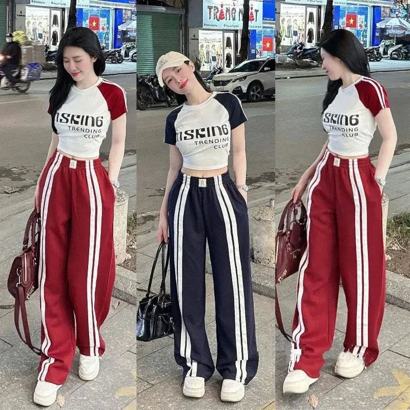 Fashion Suit Women's Summer New Shoulder Sleeves Short-sleeved T-shirt High Waist Wide Leg Pants Street Two-piece Set Aurexia off