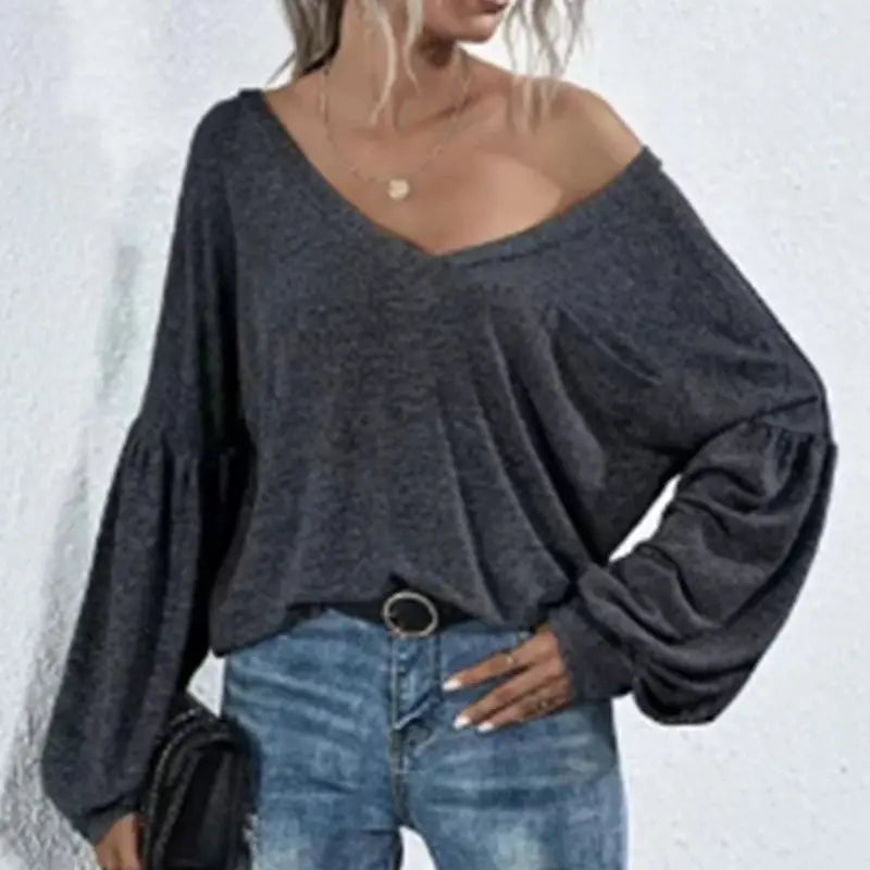 Women's V-neck Solid Color T-shirt Ladies Casual Open Back Pocket Lantern Sleeve Fashion Long Sleeve T-shirt Top Aurexia off